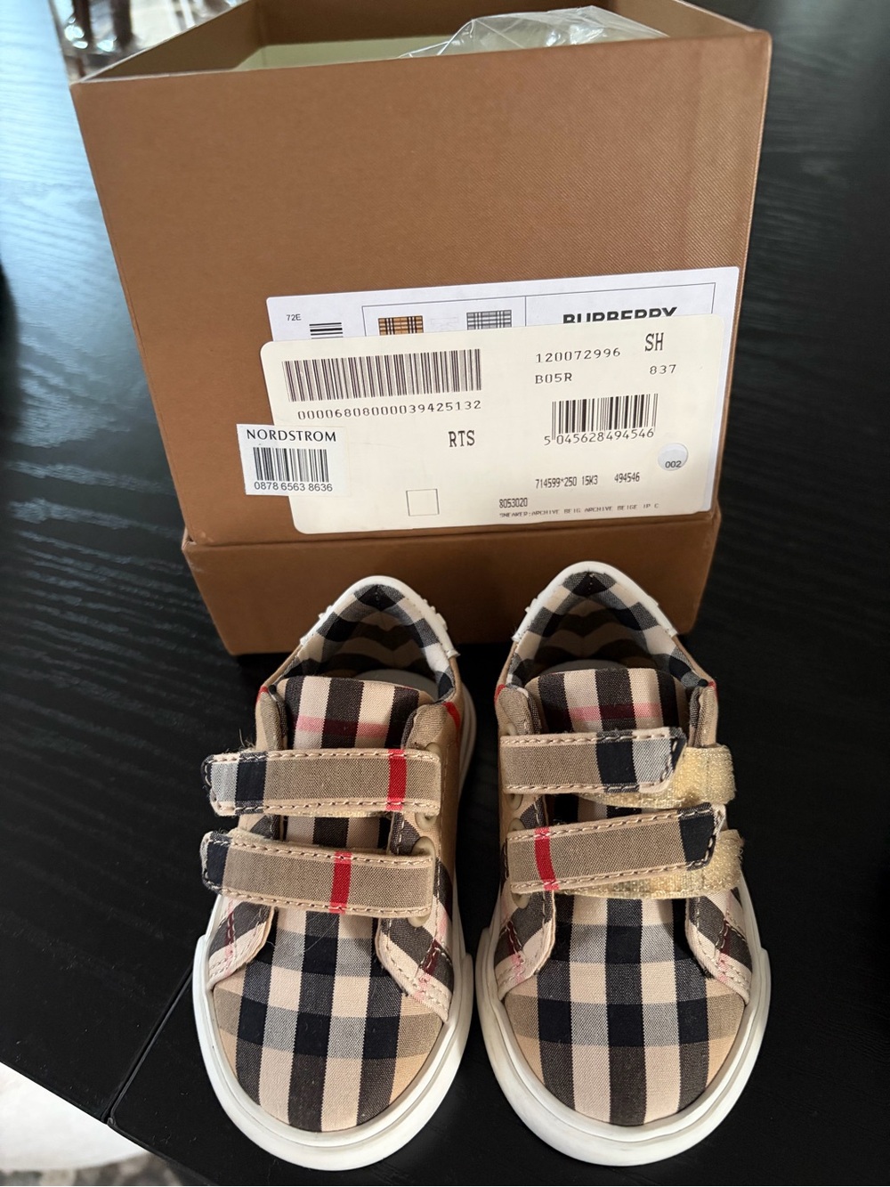 Burberry Kids Nova Check Velcro Sneakers in Beige, Black & Red